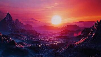 spectaculaire extra-terrestre paysage à crépuscule avec embrasé Soleil et vibrant ciels moulage ombres plus de robuste montagnes, offre une vision de fantaisie et futuriste région sauvage. video