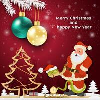 Christmas and New Year greetings Christmas balls hang on tree branches a snake wraps around Santa Claus vector