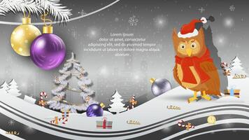 Christmas and New Year illustration Christmas balls on a fir tree an owl in a Santa Claus hat vector