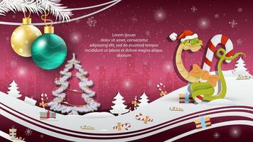 Christmas and New Year illustration Christmas tree balls on a fir tree A snake in a Santa Claus hat wraps around a candy vector