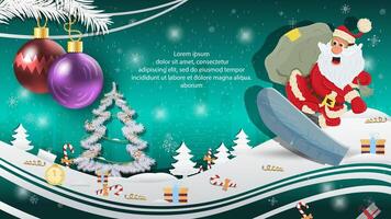 Christmas and New Year illustration Christmas balls on a fir tree Santa Claus with a bag of gifts on a snowboard vector