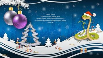 Christmas and New Year illustration Christmas tree balls on a fir tree a snake in a Santa Claus hat wrapped in a garland vector
