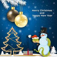 Christmas and New Year greetings Christmas balls hang on tree branches A snake in a Santa Claus hat wraps around a snowman vector