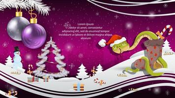 Christmas and New Year illustration Christmas tree balls on a fir tree A snake in a Santa Claus hat crawls out of a sock for gifts vector