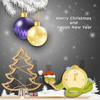 Christmas and New Year greetings Christmas balls hang on tree branches A snake in a Santa Claus hat wraps around the clock vector