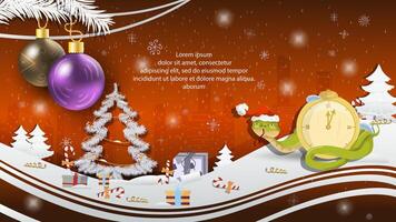 Christmas and New Year illustration Christmas tree balls on a fir tree a snake in a Santa Claus hat wraps around a clock vector