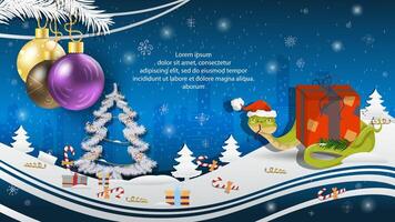 Christmas and New Year illustration Christmas tree balls on a fir tree a snake in a Santa Claus hat wraps around a gift box vector