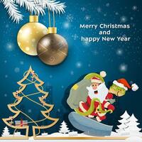 Christmas and New Year greetings Christmas balls are hanging on tree branches A snake and Santa Claus are snowboarding vector
