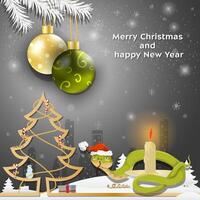 Christmas and New Year greetings Christmas balls hang on the branches of a tree a snake in a Santa Claus hat wraps around a candle vector