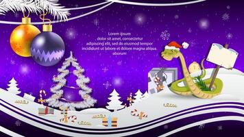 Christmas and New Year illustration Christmas balls on a fir tree a snake in a Santa Claus hat with a wooden plaque vector
