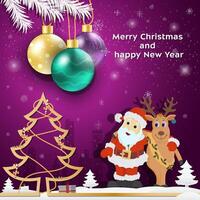 Christmas and New Year greetings Christmas tree balls hanging on tree branches Santa Claus and Reindeer hugging vector