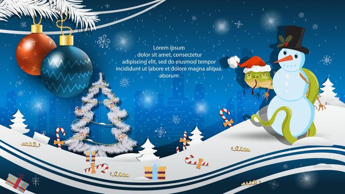 Christmas and New Year illustration Christmas tree balls on a fir tree A snake in a Santa Claus hat wraps around a snowman