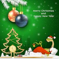 Christmas and New Year greetings Christmas balls hang on tree branches a snake peeks out from behind Santas hat vector
