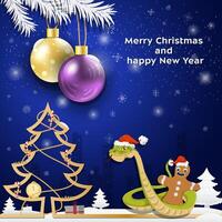 Christmas and New Year greetings Christmas balls hang on tree branches A snake in a Santa Claus hat wraps around a gingerbread man vector