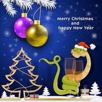 Christmas and New Year greetings Christmas balls hang on the branches of a tree a snake wraps around a glass with a drink vector