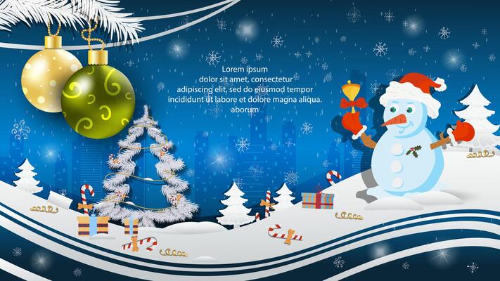Christmas and New Year illustration Christmas balls on a fir tree a Snowman in a Santa Claus hat