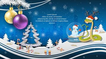 Christmas and New Years illustration with a place to fill in the text of congratulations Christmas balls hanging on tree branches a snake in a Santa Claus hat next to a glass ball vector