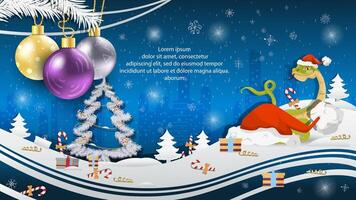 Christmas and New Year illustration Christmas tree balls on a fir tree a snake peeks out from behind Santas hat vector