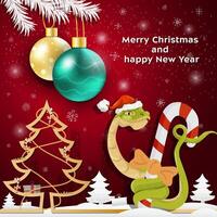 Christmas and New Year greetings Christmas balls hang on the branches of a tree a snake in a Santa Claus hat wraps around a festive candy vector