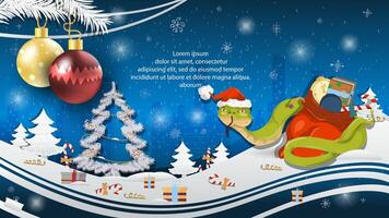 Christmas and New Year illustration Christmas tree balls on a fir tree a snake in a Santa Claus hat wraps around a bag of gifts vector