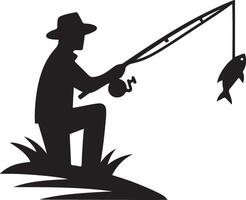 Handcrafted Silhouette Illustration of Fisherman Casting Line vector