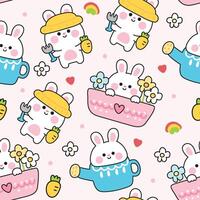 Seamless pattern of cute rabbit in farm concept background.Rabbit stay in flower plant pots and watering can.Carrot and hoe.Rodent animal character cartoon design.Kawaii.Illustration. vector