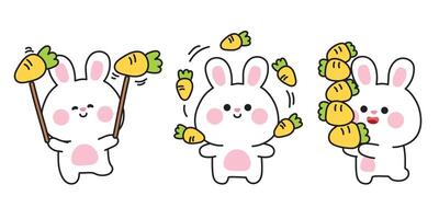 Set of cute rabbit with carrot in various poses.Easter.Aerobics.Circus.Theme park.Rodent animal character cartoon.Kawaii.Illustration. vector