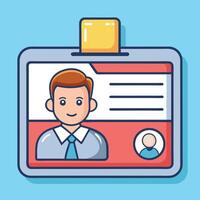 employee ID cards with smiling male avatars, featuring a clean and colorful design, badge holder, and personal information fields for identification. vector