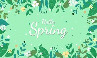 Hello spring frame and green plants set. vector