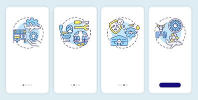 Aircraft maintenance onboarding mobile app screen. Walkthrough 4 steps editable graphic instructions with linear concepts. UI, UX, GUI template vector