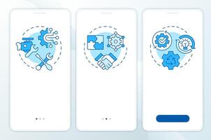 Reverse engineering uses blue onboarding mobile app screen. Walkthrough 3 steps editable graphic instructions with linear concepts. UI, UX, GUI template vector
