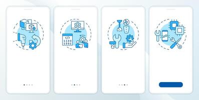 Types of reverse engineering blue onboarding mobile app screen. Walkthrough 4 steps editable graphic instructions with linear concepts. UI, UX, GUI template vector