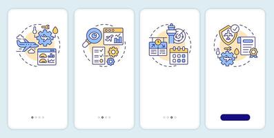 Aviation management onboarding mobile app screen. Walkthrough 4 steps editable graphic instructions with linear concepts. UI, UX, GUI template vector