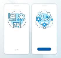 Forward vs reverse engineering blue onboarding mobile app screen. Walkthrough 2 steps editable graphic instructions with linear concepts. UI, UX, GUI template vector