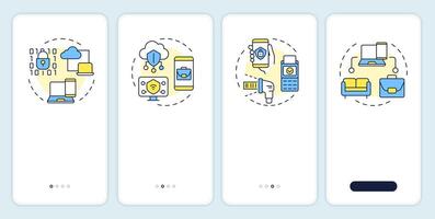 MDM models onboarding mobile app screen. Mobile management. Walkthrough 4 steps editable graphic instructions with linear concepts. UI, UX, GUI template vector