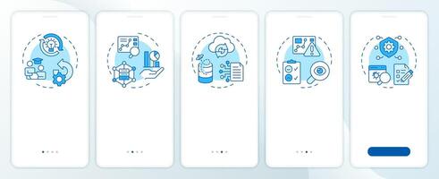 Re-engineering applications blue onboarding mobile app screen. Walkthrough 5 steps editable graphic instructions with linear concepts. UI, UX, GUI template vector