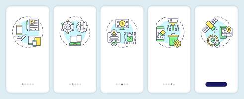 MDM features onboarding mobile app screen. Mobile management. Walkthrough 5 steps editable graphic instructions with linear concepts. UI, UX, GUI template vector