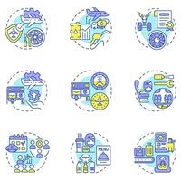Aviation services multi color concept icons. Airline management, avionics. Crew training, certification. Icon pack. Round shape illustrations for infographic. Abstract idea vector