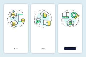 Device management types onboarding mobile app screen. Walkthrough 3 steps editable graphic instructions with linear concepts. UI, UX, GUI template vector