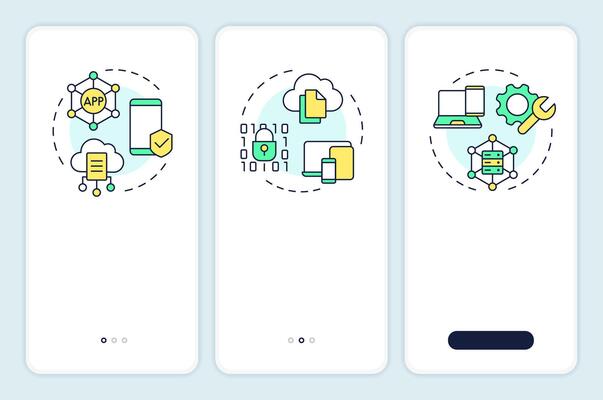 Device management types onboarding mobile app screen. Walkthrough 3 steps editable graphic instructions with linear concepts. UI, UX, GUI template