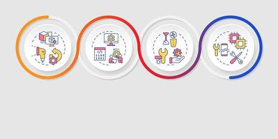 Types of reverse engineering infographics circles sequence. Mechanical, technical reengineering. Visualization layout with 4 steps. Info chart loop process presentation vector