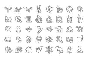Antibody development linear icons set. Stages of research, lab equipment and scientific analysis. Customizable thin line symbols. Isolated outline illustrations. Editable stroke vector
