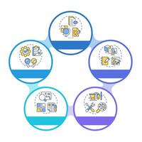 Reverse engineering process infographic circles flowchart. Information gathering. Model creation. Visualization diagram with 5 steps. Circular info graphic editable vector