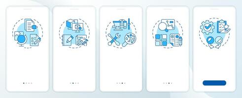 Reverse engineering process blue onboarding mobile app screen. Walkthrough 5 steps editable graphic instructions with linear concepts. UI, UX, GUI template vector