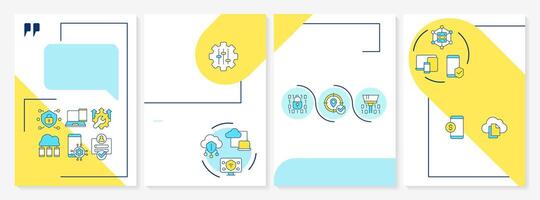 Corporate devices control blue and yellow brochure template. Leaflet design with linear icons. Editable 4 layouts for presentation, annual reports vector