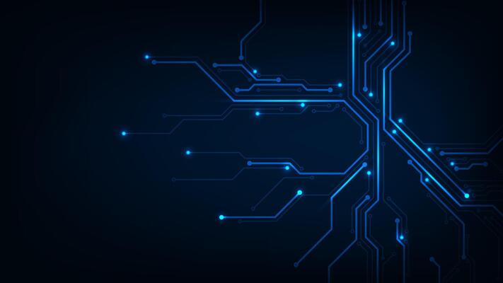 Abstract futurisit circuit board technology with blue light background.