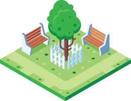 Two empty benches are inviting visitors to relax under the shade of a leafy tree surrounded by a white picket fence in an isometric city park, evoking feelings of tranquility and peace vector