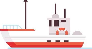 Fishing boat, equipped with a lifebuoy and antennas, sails peacefully on calm waters, showcasing a minimalist design in shades of red, white, and gray vector