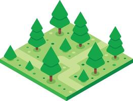 Lush green meadow with growing pine trees forming a serene forest landscape in isometric projection, ideal for environmental or nature related projects vector