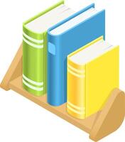 Three colorful books are standing upright on a small, simple wooden bookshelf, representing a modern and organized approach to library storage or personal book collections vector